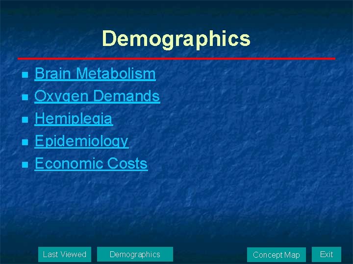 Demographics n n n Brain Metabolism Oxygen Demands Hemiplegia Epidemiology Economic Costs Last Viewed