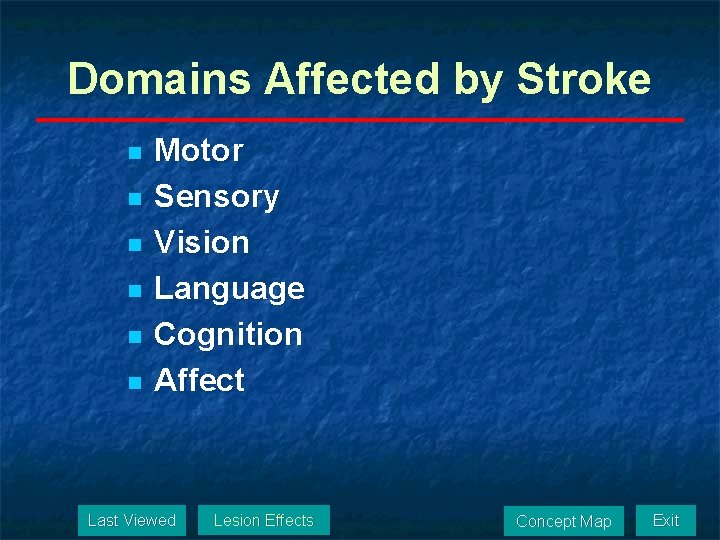 Domains Affected by Stroke n n n Motor Sensory Vision Language Cognition Affect Last