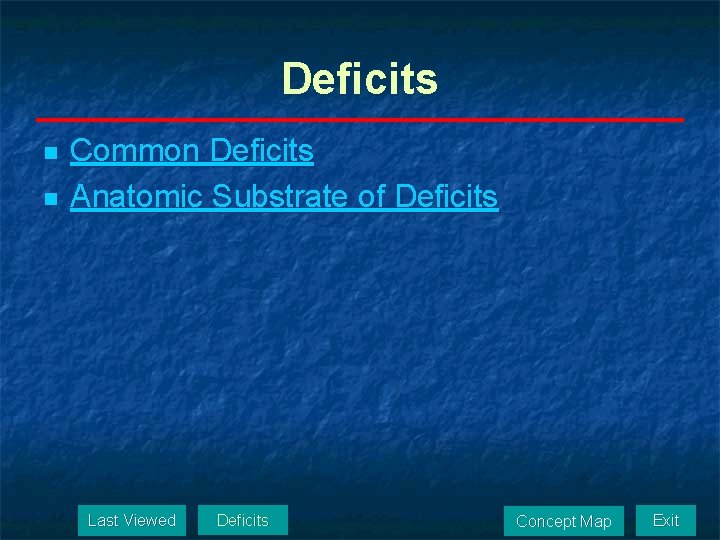 Deficits n n Common Deficits Anatomic Substrate of Deficits Last Viewed Deficits Concept Map