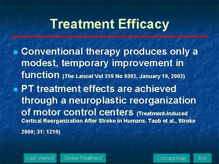 Treatment Efficacy n n Conventional therapy produces only a modest, temporary improvement in function