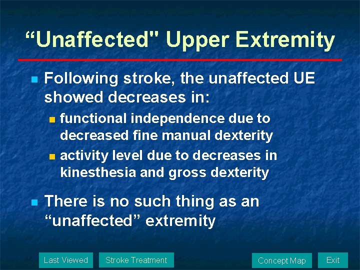 “Unaffected" Upper Extremity n Following stroke, the unaffected UE showed decreases in: functional independence