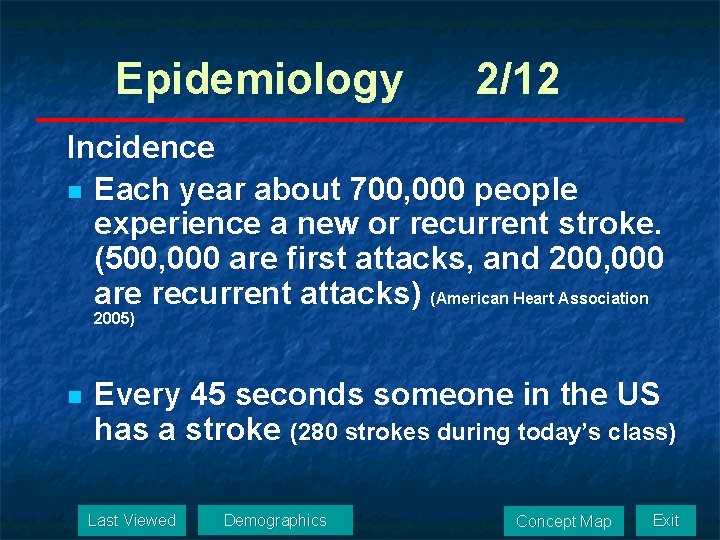 Epidemiology 2/12 Incidence n Each year about 700, 000 people experience a new or