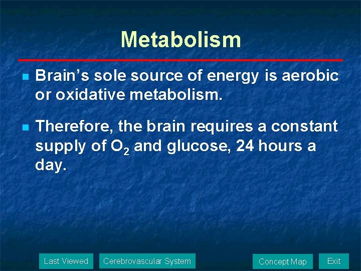 Metabolism n Brain’s sole source of energy is aerobic or oxidative metabolism. n Therefore,