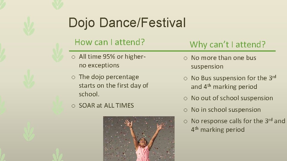 Dojo Dance/Festival How can I attend? Why can’t I attend? o All time 95%