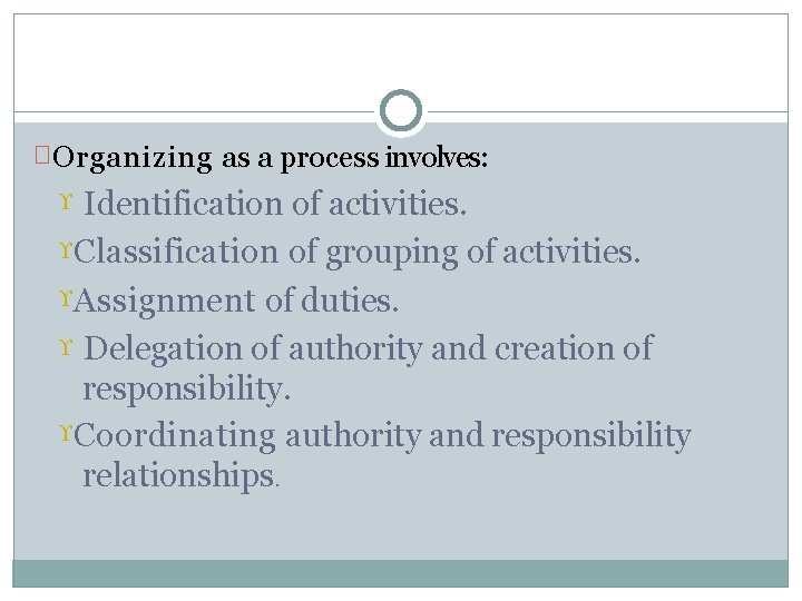 � Organizing as a process involves: Identification of activities. Classification of grouping of activities. � Organizing as a process involves: Identification of activities. Classification of grouping of activities.