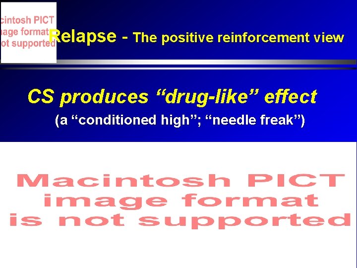 Relapse - The positive reinforcement view CS produces “drug-like” effect (a “conditioned high”; “needle Relapse - The positive reinforcement view CS produces “drug-like” effect (a “conditioned high”; “needle