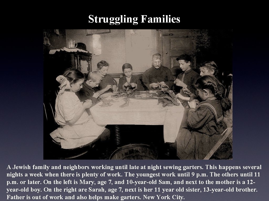 Struggling Families A Jewish family and neighbors working until late at night sewing garters.