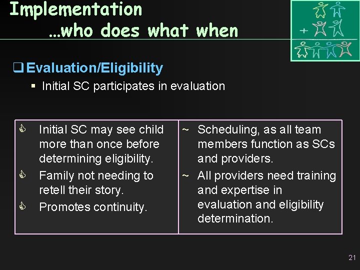 Implementation …who does what when q Evaluation/Eligibility Initial SC participates in evaluation C Initial