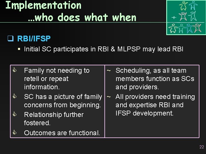 Implementation …who does what when q RBI/IFSP Initial SC participates in RBI & MLPSP