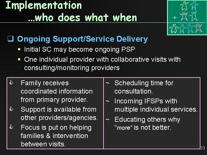 Implementation …who does what when q Ongoing Support/Service Delivery Initial SC may become ongoing