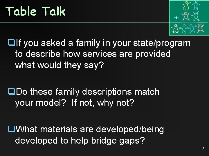 Table Talk q. If you asked a family in your state/program to describe how