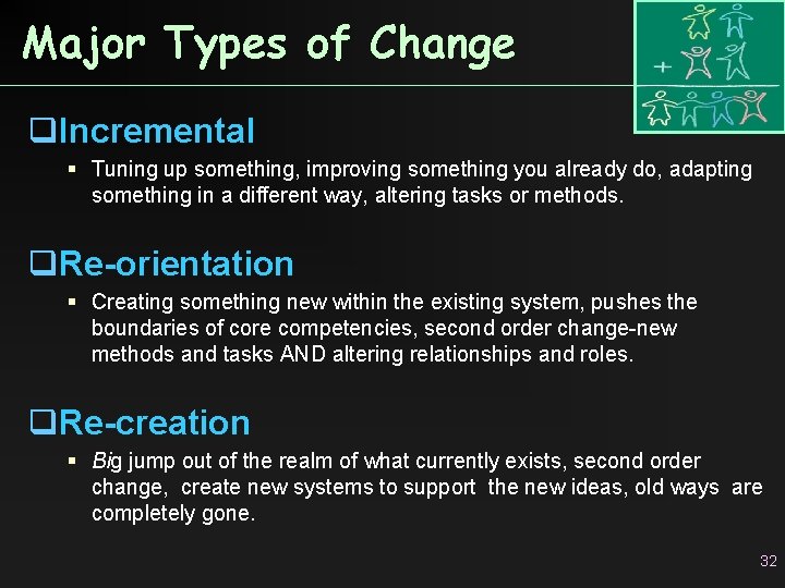 Major Types of Change q. Incremental Tuning up something, improving something you already do,