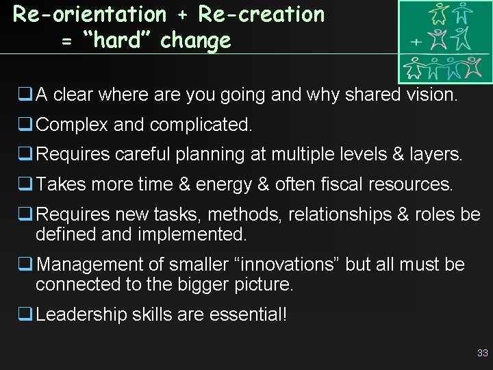 Re-orientation + Re-creation = “hard” change q A clear where are you going and