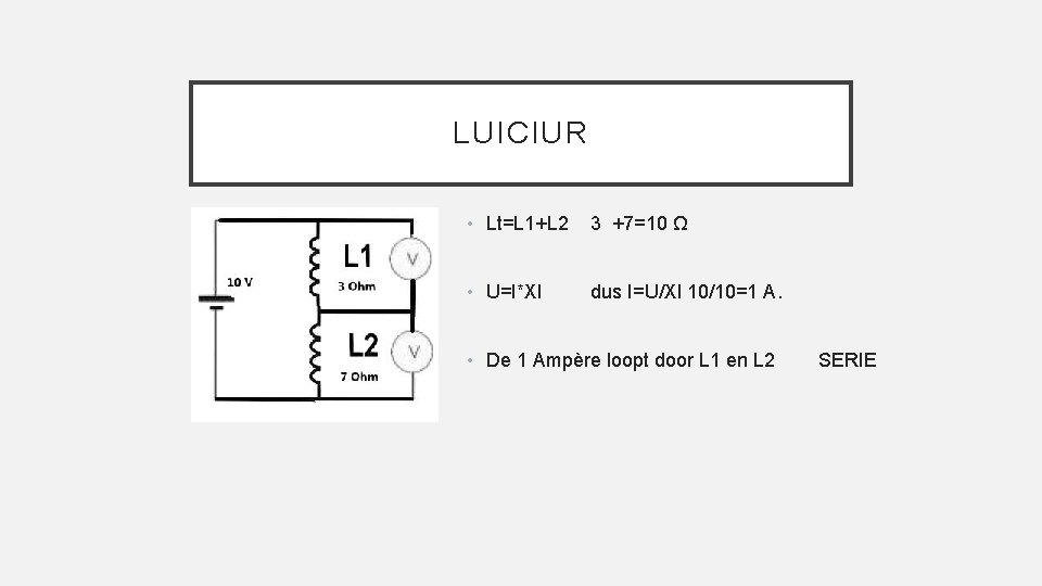 LUICIUR • Lt=L 1+L 2 3 +7=10 Ω • U=I*Xl dus I=U/Xl 10/10=1 A.