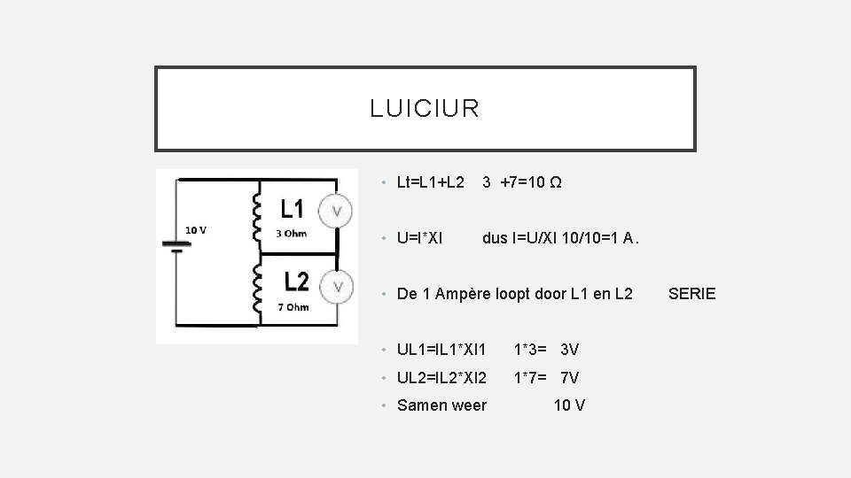 LUICIUR • Lt=L 1+L 2 3 +7=10 Ω • U=I*Xl dus I=U/Xl 10/10=1 A.