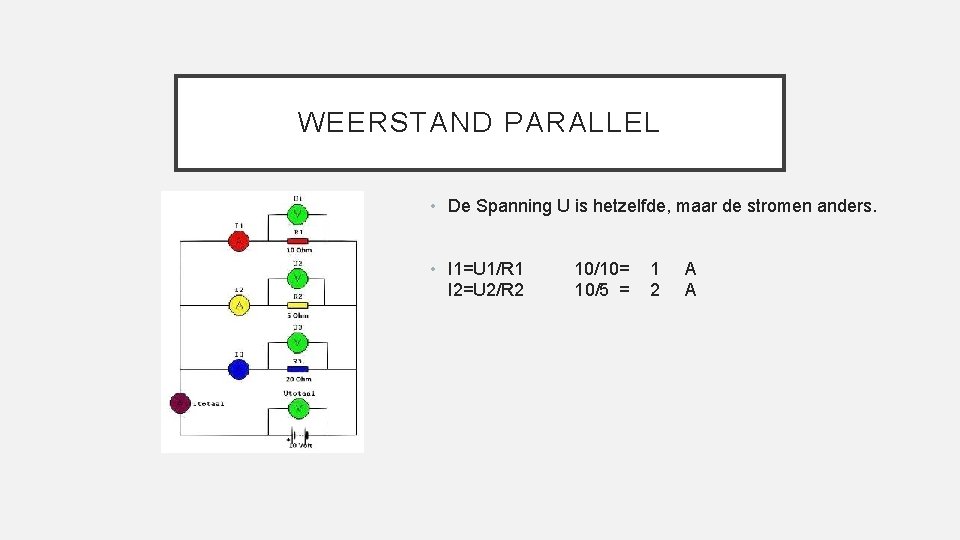 WEERSTAND PARALLEL • De Spanning U is hetzelfde, maar de stromen anders. • I