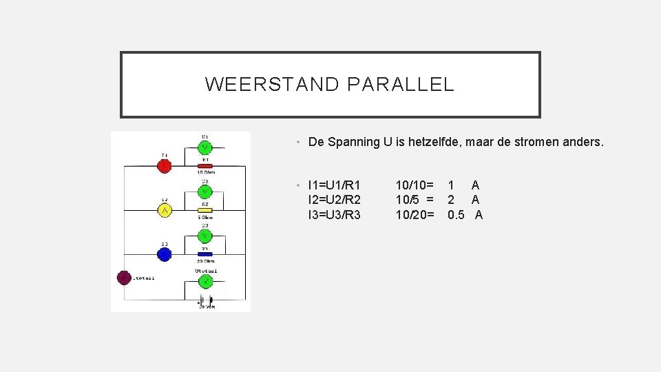 WEERSTAND PARALLEL • De Spanning U is hetzelfde, maar de stromen anders. • I