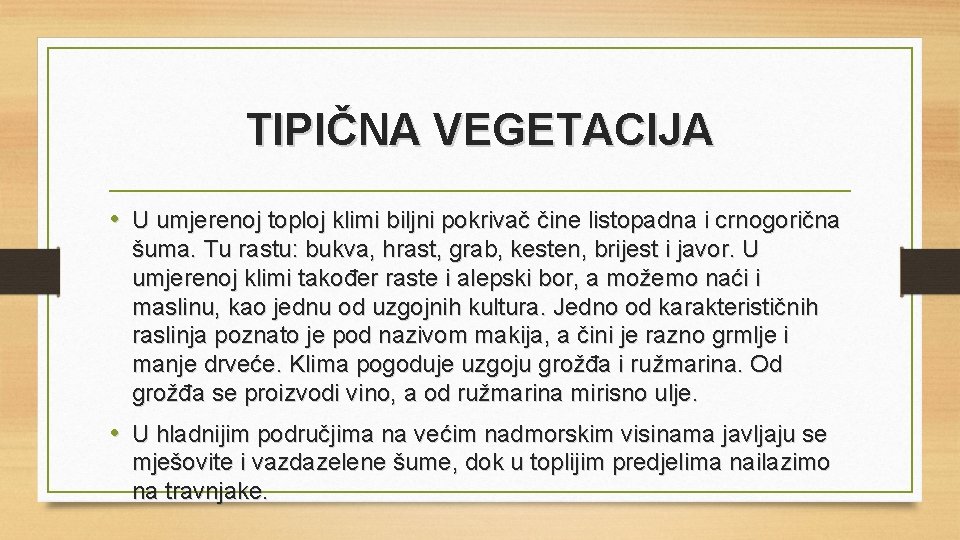 TIPIČNA VEGETACIJA • U umjerenoj toploj klimi biljni pokrivač čine listopadna i crnogorična šuma.