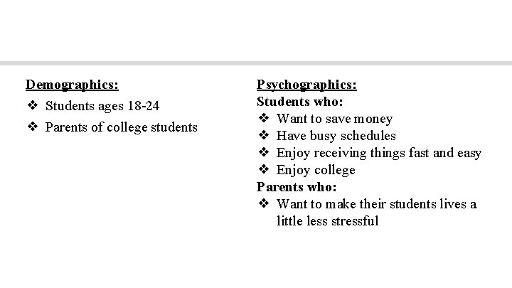 Our Customers Demographics: ❖ Students ages 18 -24 ❖ Parents of college students Psychographics: