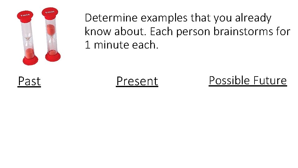 Determine examples that you already know about. Each person brainstorms for 1 minute each. Determine examples that you already know about. Each person brainstorms for 1 minute each.