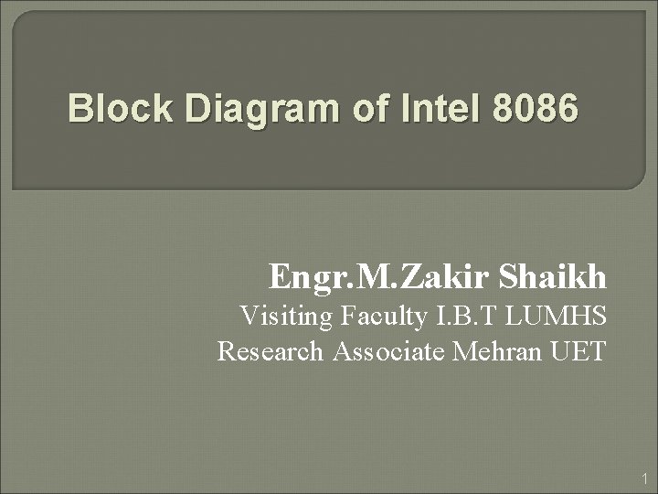 Block Diagram of Intel 8086 Engr. M. Zakir Shaikh Visiting Faculty I. B. T