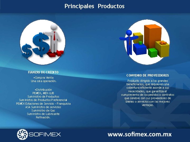 Principales Productos FIANZAS DE CRÉDITO • Compra Venta Una sola operación. • Distribución PEMEX,