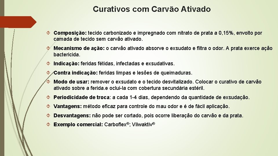 Curativos com Carvão Ativado Composição: tecido carbonizado e impregnado com nitrato de prata a