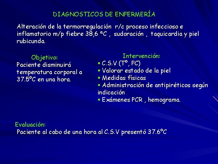 DIAGNOSTICOS DE ENFERMERÍA Alteración de la termorregulación r/c proceso infeccioso e inflamatorio m/p fiebre