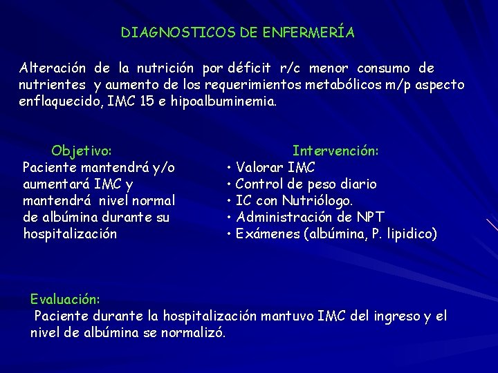 DIAGNOSTICOS DE ENFERMERÍA Alteración de la nutrición por déficit r/c menor consumo de nutrientes