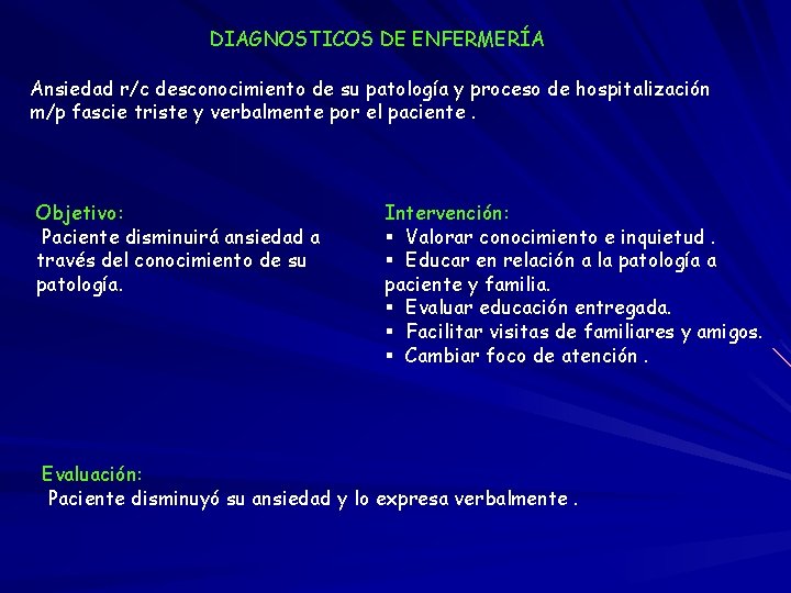 DIAGNOSTICOS DE ENFERMERÍA Ansiedad r/c desconocimiento de su patología y proceso de hospitalización m/p