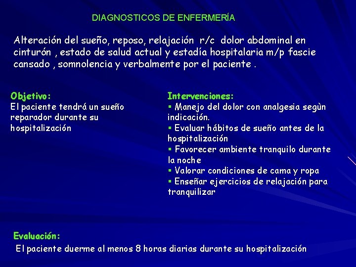 DIAGNOSTICOS DE ENFERMERÍA Alteración del sueño, reposo, relajación r/c dolor abdominal en cinturón ,