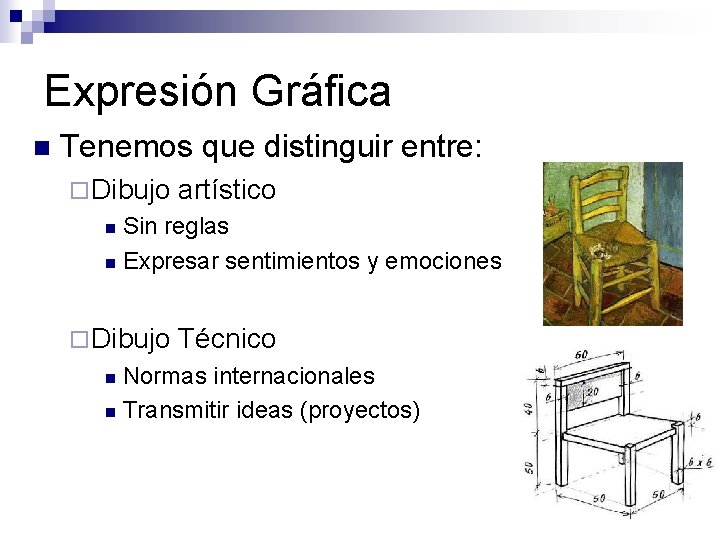 Expresión Gráfica n Tenemos que distinguir entre: ¨ Dibujo artístico Sin reglas n Expresar