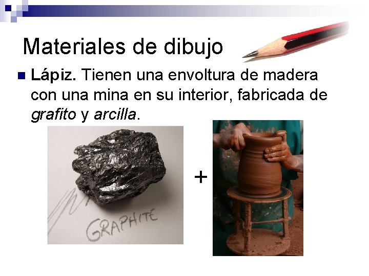 Materiales de dibujo n Lápiz. Tienen una envoltura de madera con una mina en