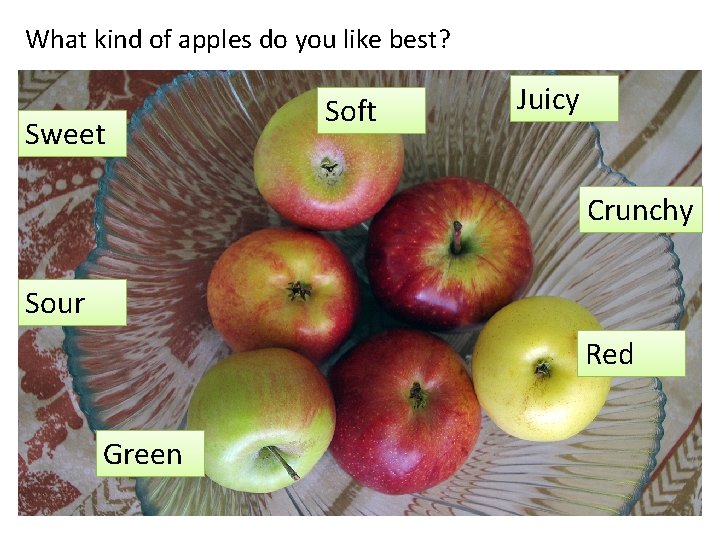 What kind of apples do you like best? Sweet Soft Juicy Crunchy Sour Red