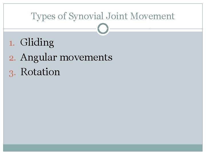 Types of Synovial Joint Movement 1. Gliding 2. Angular movements 3. Rotation 