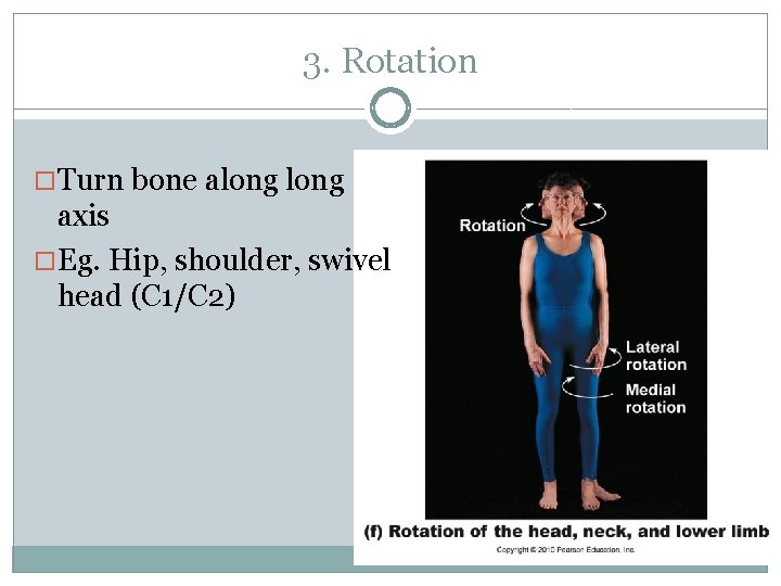 3. Rotation Turn bone along axis Eg. Hip, shoulder, swivel head (C 1/C 2)