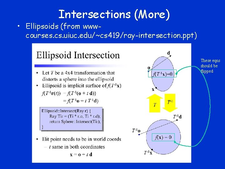 Intersections (More) • Ellipsoids (from wwwcourses. cs. uiuc. edu/~cs 419/ray-intersection. ppt) These eqns should