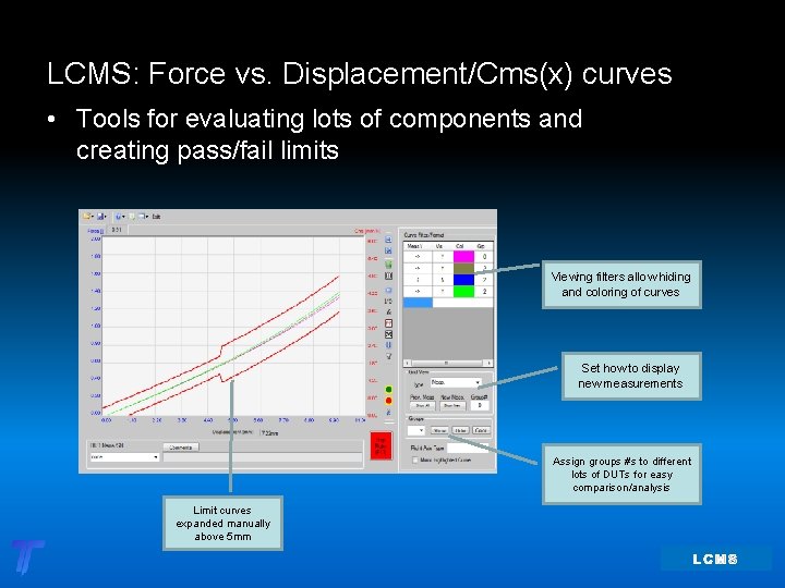 LCMS: Force vs. Displacement/Cms(x) curves • Tools for evaluating lots of components and creating