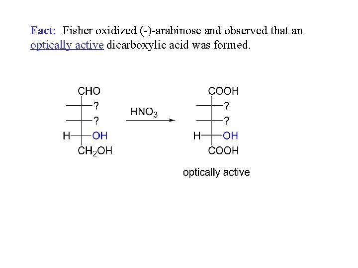 Fact: Fisher oxidized (-)-arabinose and observed that an optically active dicarboxylic acid was formed.