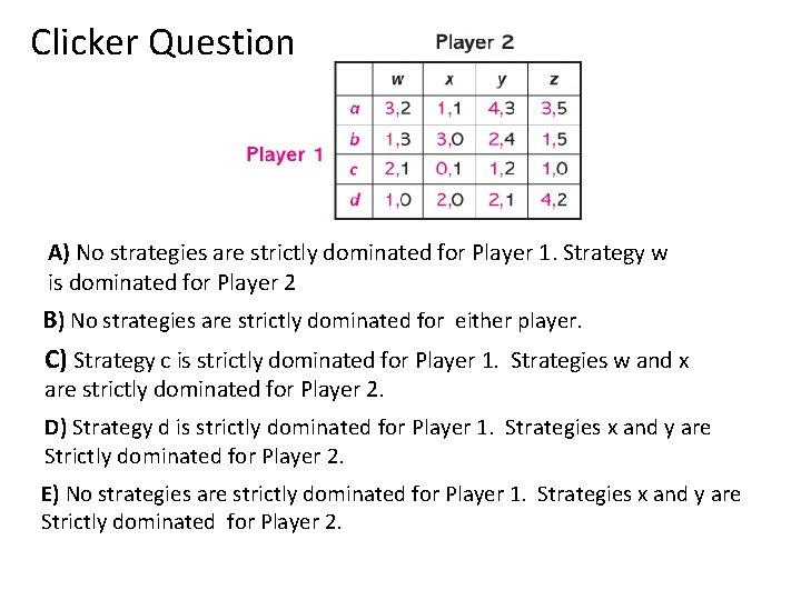 Clicker Question A) No strategies are strictly dominated for Player 1. Strategy w is