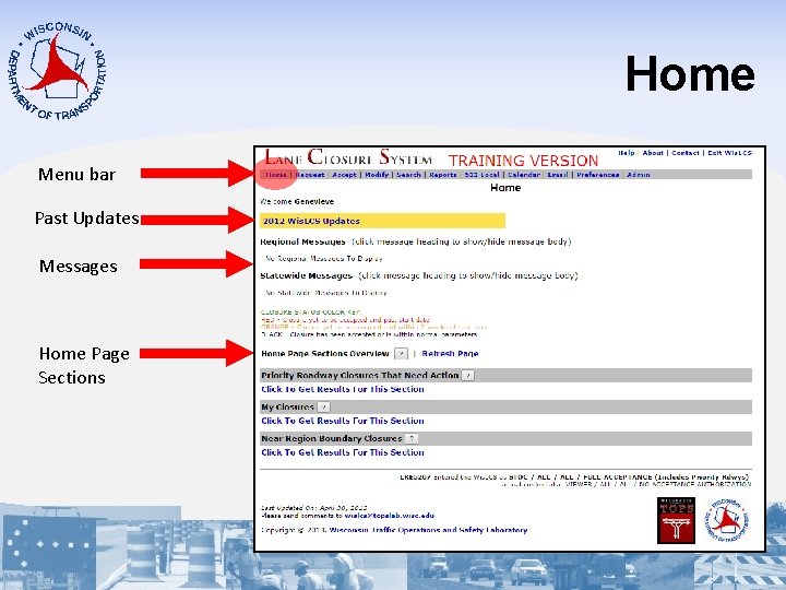 Home Menu bar Past Updates Messages Home Page Sections 