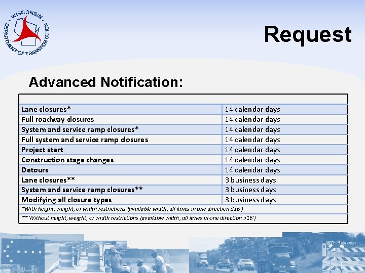Request Advanced Notification: Lane closures* Full roadway closures System and service ramp closures* Full
