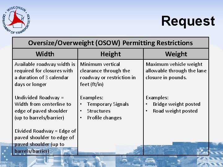Request Oversize/Overweight (OSOW) Permitting Restrictions Width Height Weight Available roadway width is required for