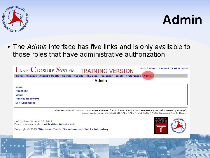 Admin • The Admin interface has five links and is only available to those