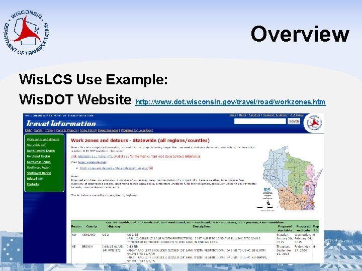 Overview Wis. LCS Use Example: Wis. DOT Website http: //www. dot. wisconsin. gov/travel/road/workzones. htm