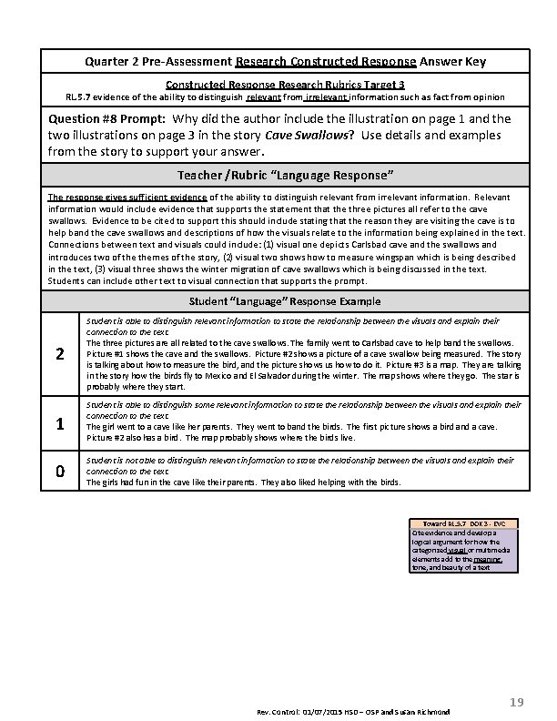 Quarter 2 Pre‐Assessment Research Constructed Response Answer Key Constructed Response Research Rubrics Target 3