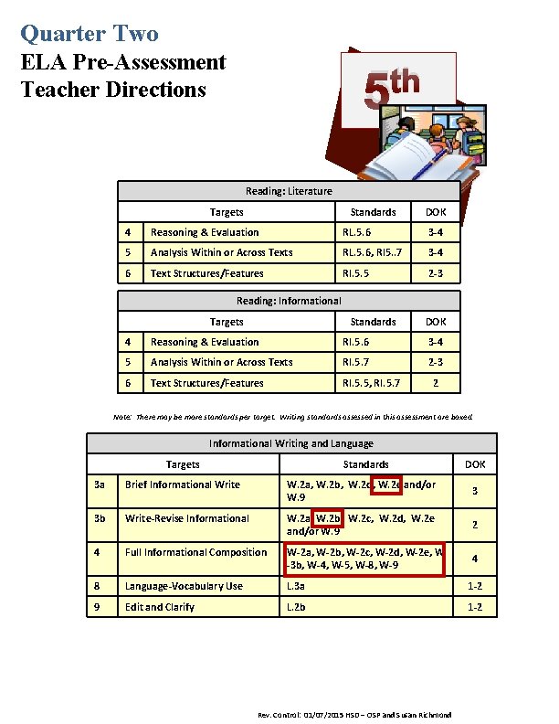 Quarter Two ELA Pre-Assessment Teacher Directions th 5 Reading: Literature Targets Standards DOK 4