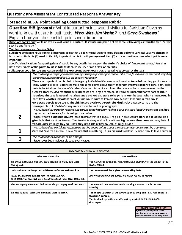 Quarter 2 Pre‐Assessment Constructed Response Answer Key Standard RI. 5. 6 Point Reading Constructed