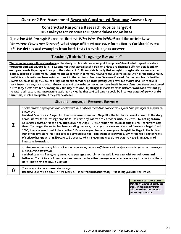 Quarter 2 Pre‐Assessment Research Constructed Response Answer Key Constructed Response Research Rubrics Target 4