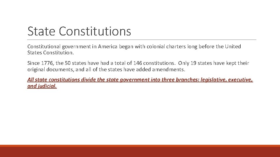 State Constitutions Constitutional government in America began with colonial charters long before the United
